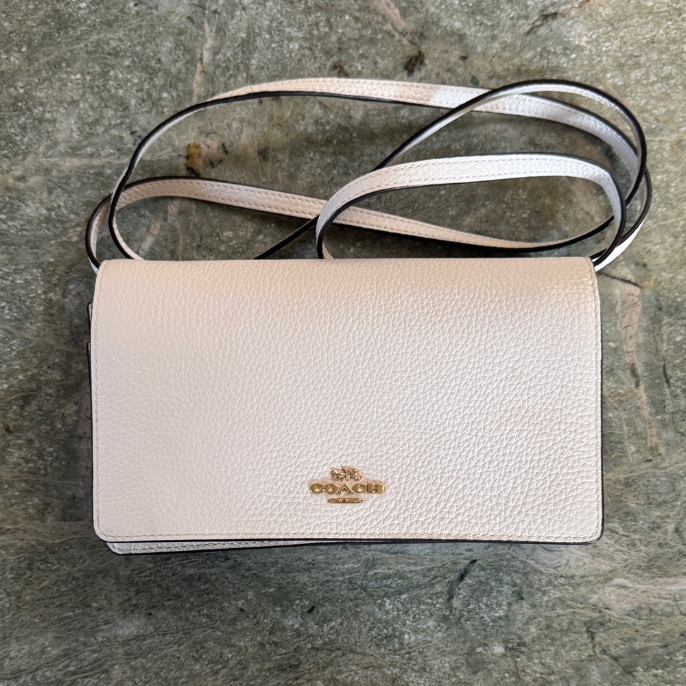 Coach White Pebbled Leather Crossbody with Gold Tone Logo
